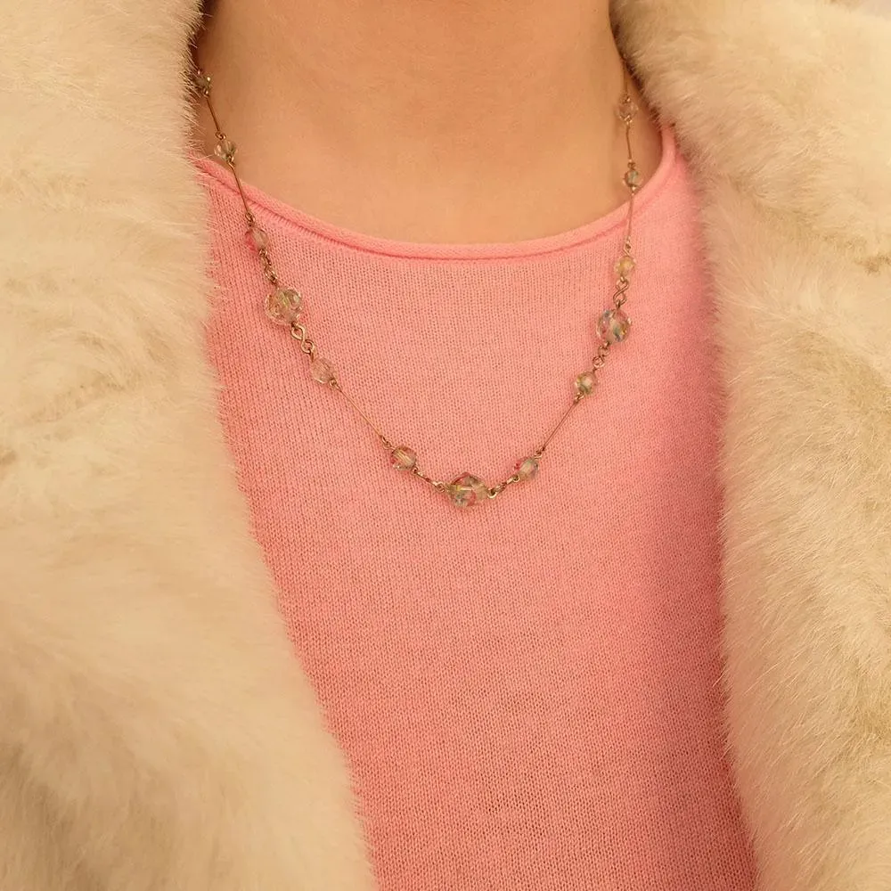 Vintage 1930s Art Deco Iris Glass Rolled Gold Beaded Necklace