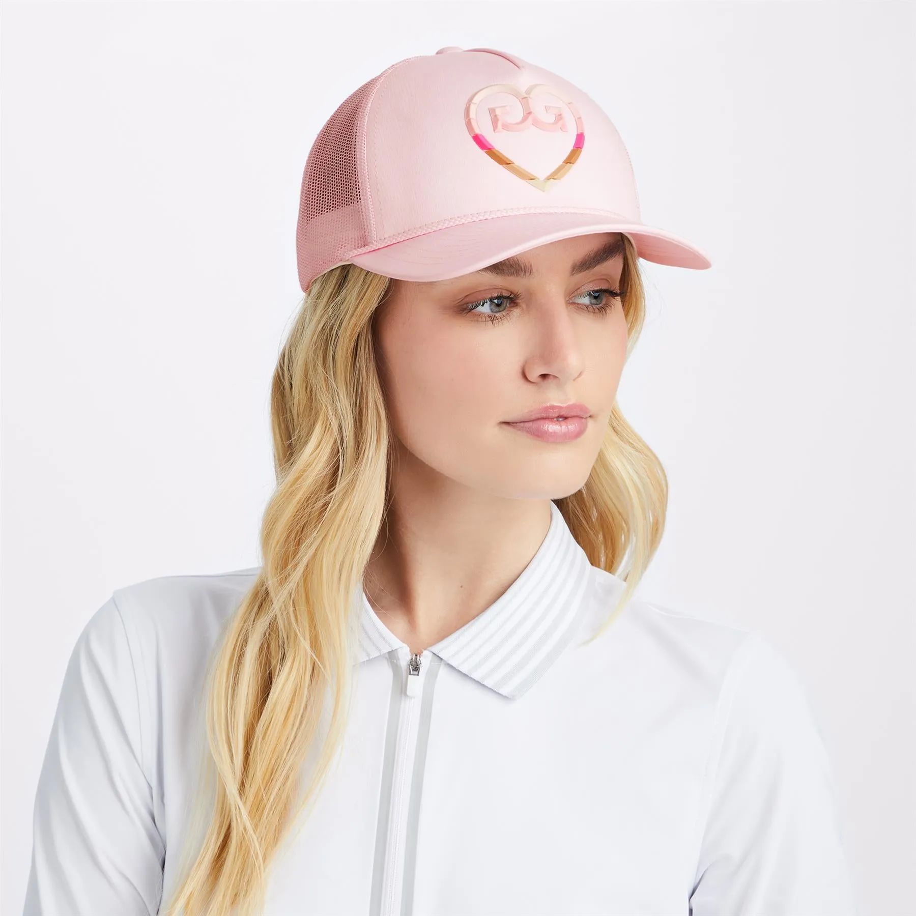 Womens Striped Heart G'S Interlock Knit Trucker Hat Blush - AW23