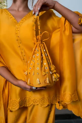 Yellow chanderi silk hand embroidered potli bag
