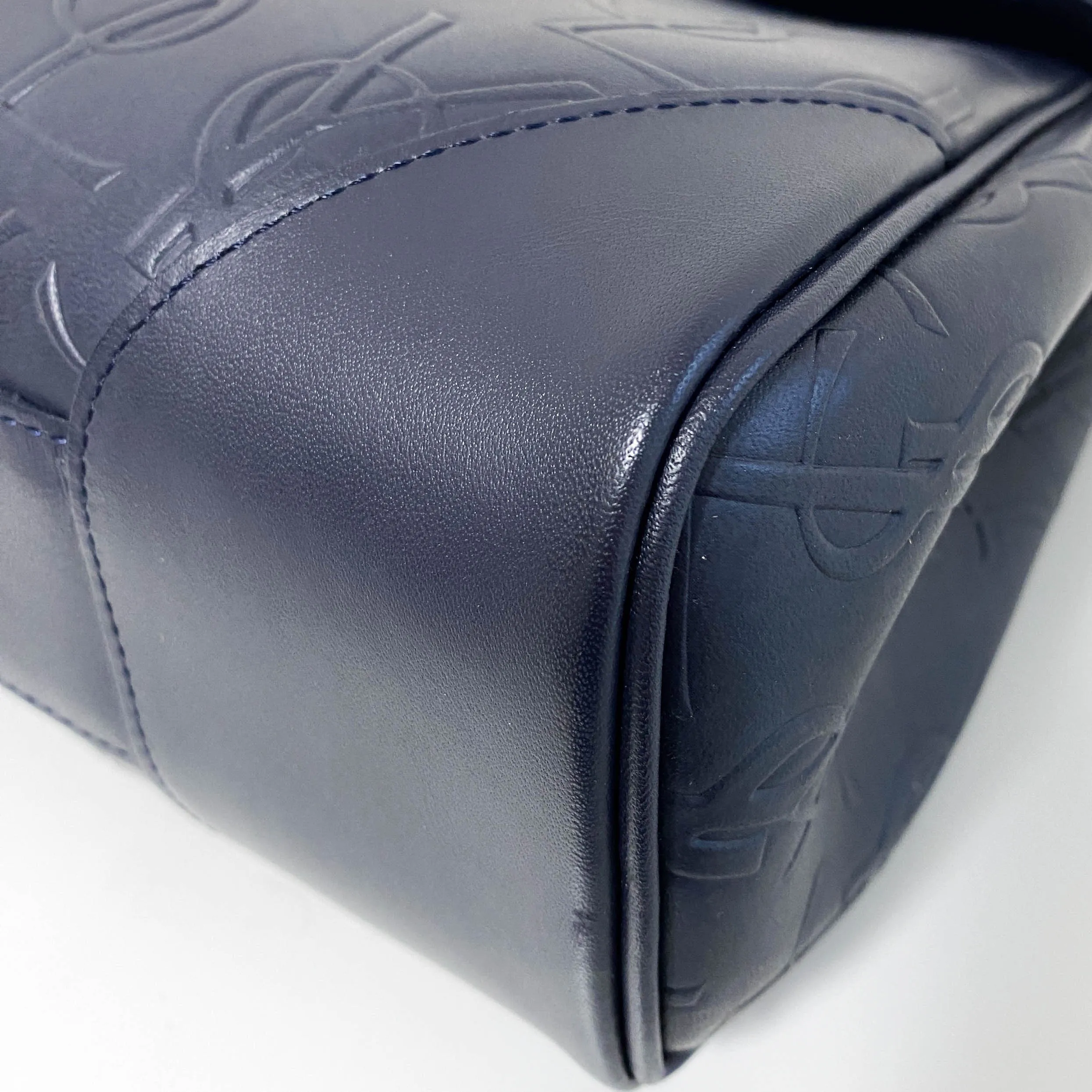 YSL Logo Embossed Leather Navy Horizontal Handbag