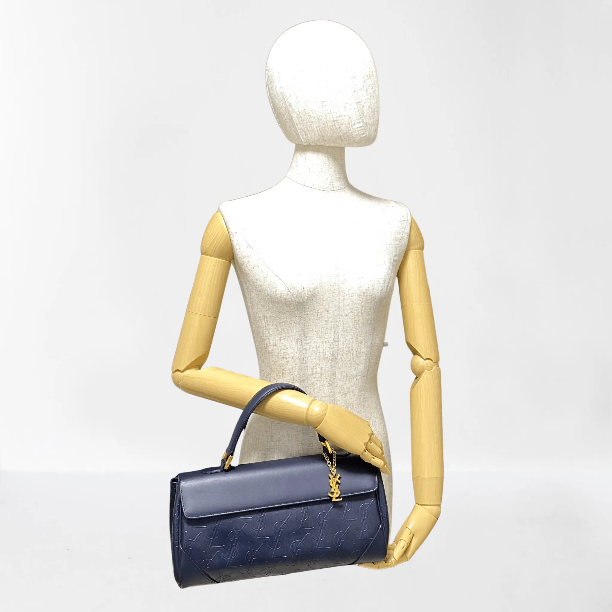 YSL Logo Embossed Leather Navy Horizontal Handbag