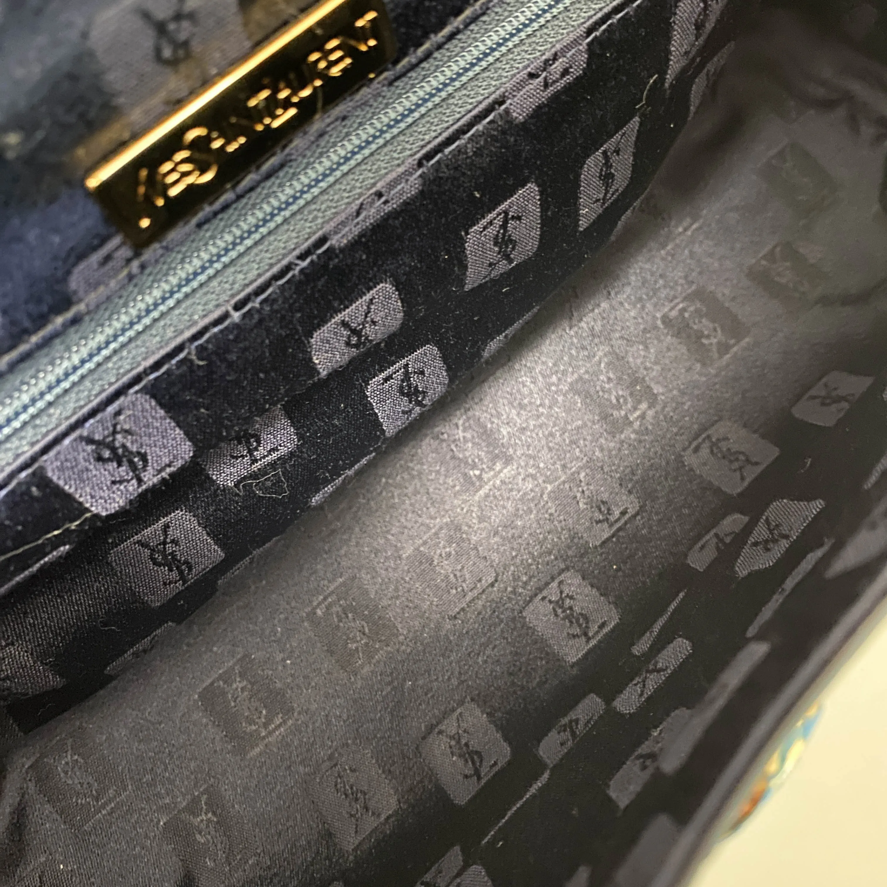 YSL Logo Embossed Leather Navy Horizontal Handbag