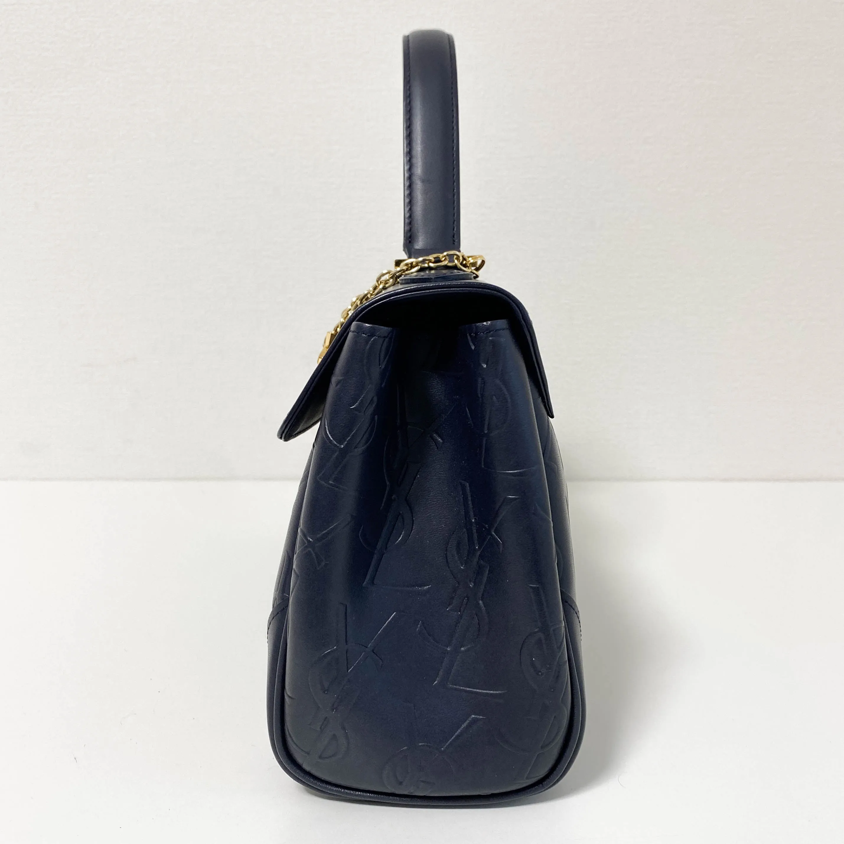 YSL Logo Embossed Leather Navy Horizontal Handbag