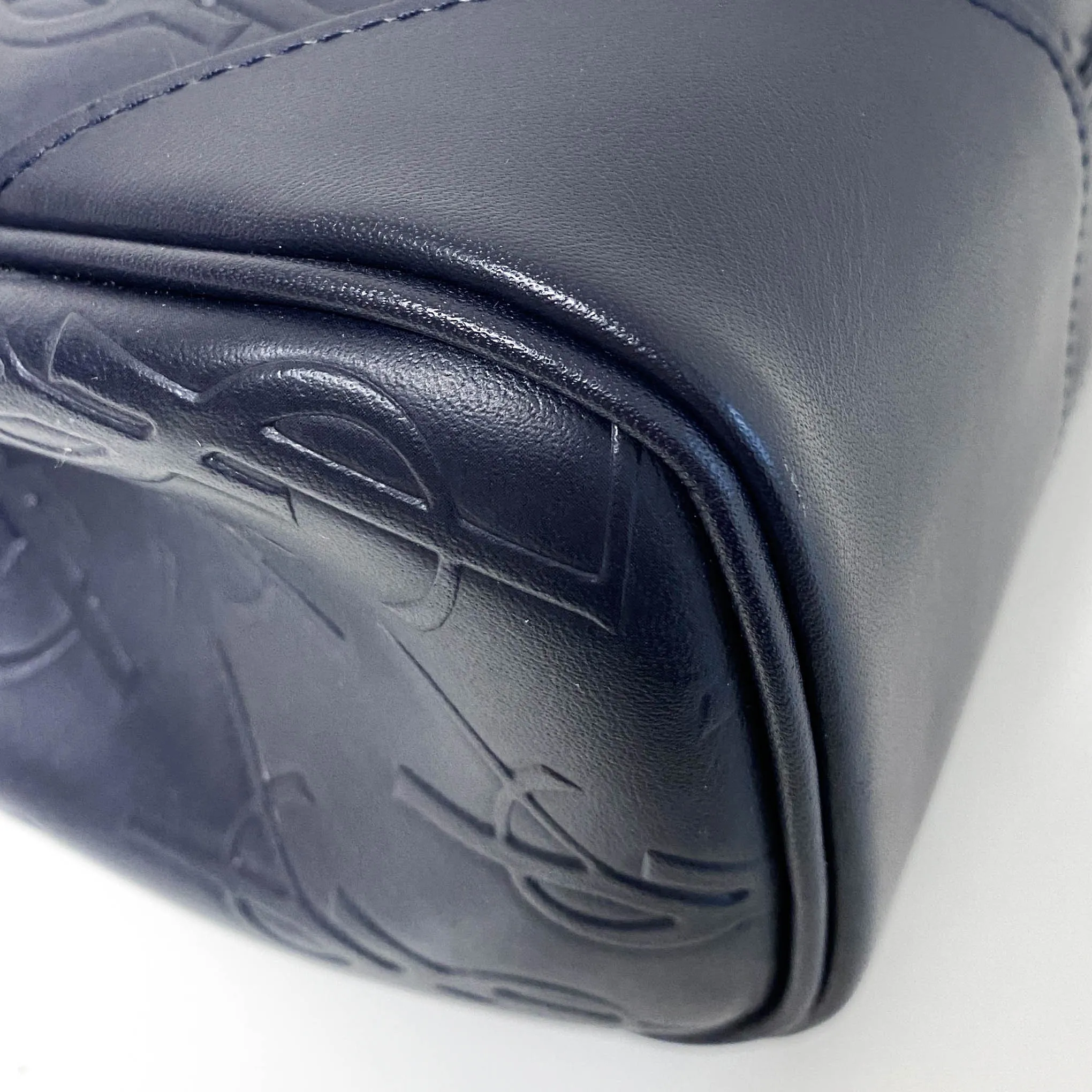 YSL Logo Embossed Leather Navy Horizontal Handbag