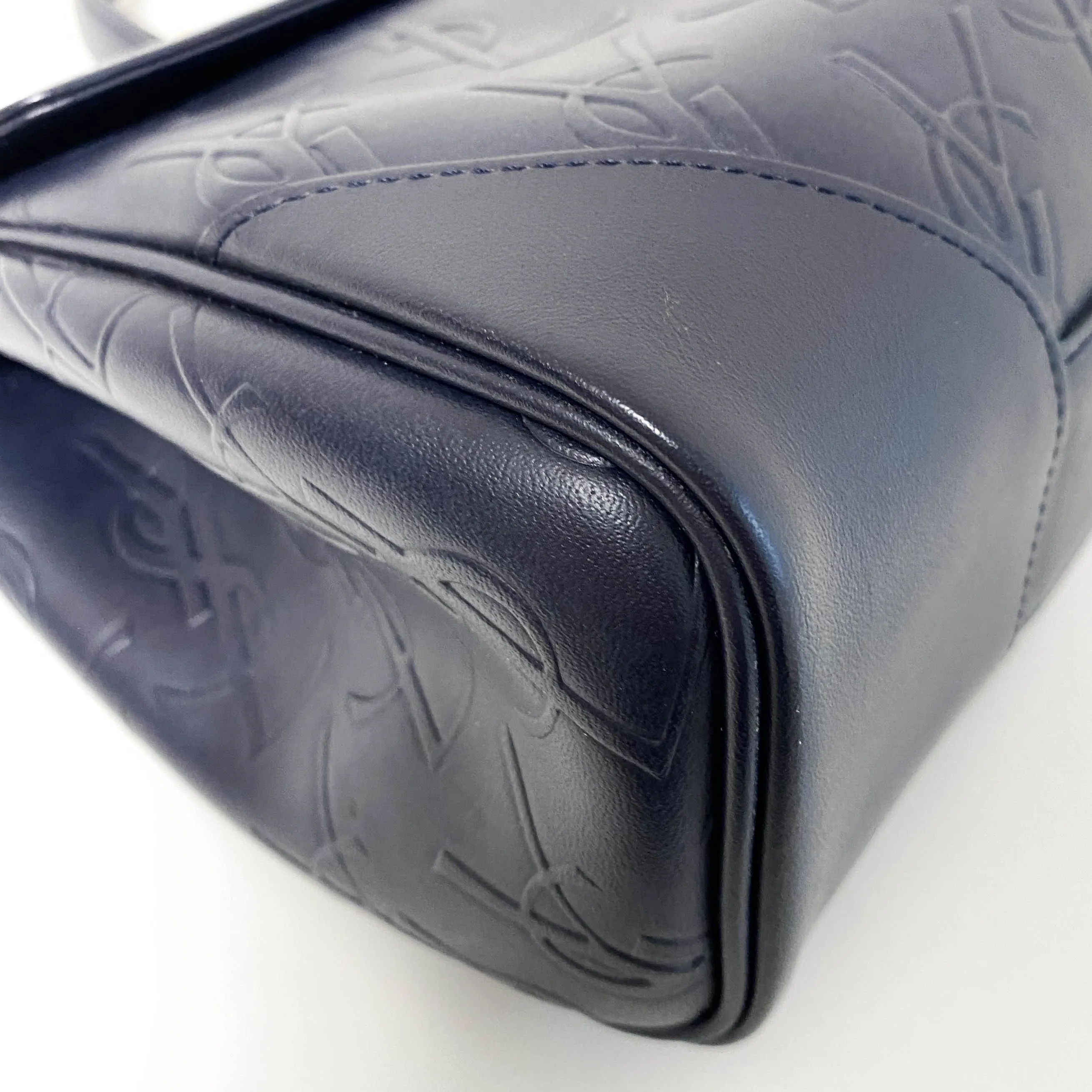 YSL Logo Embossed Leather Navy Horizontal Handbag