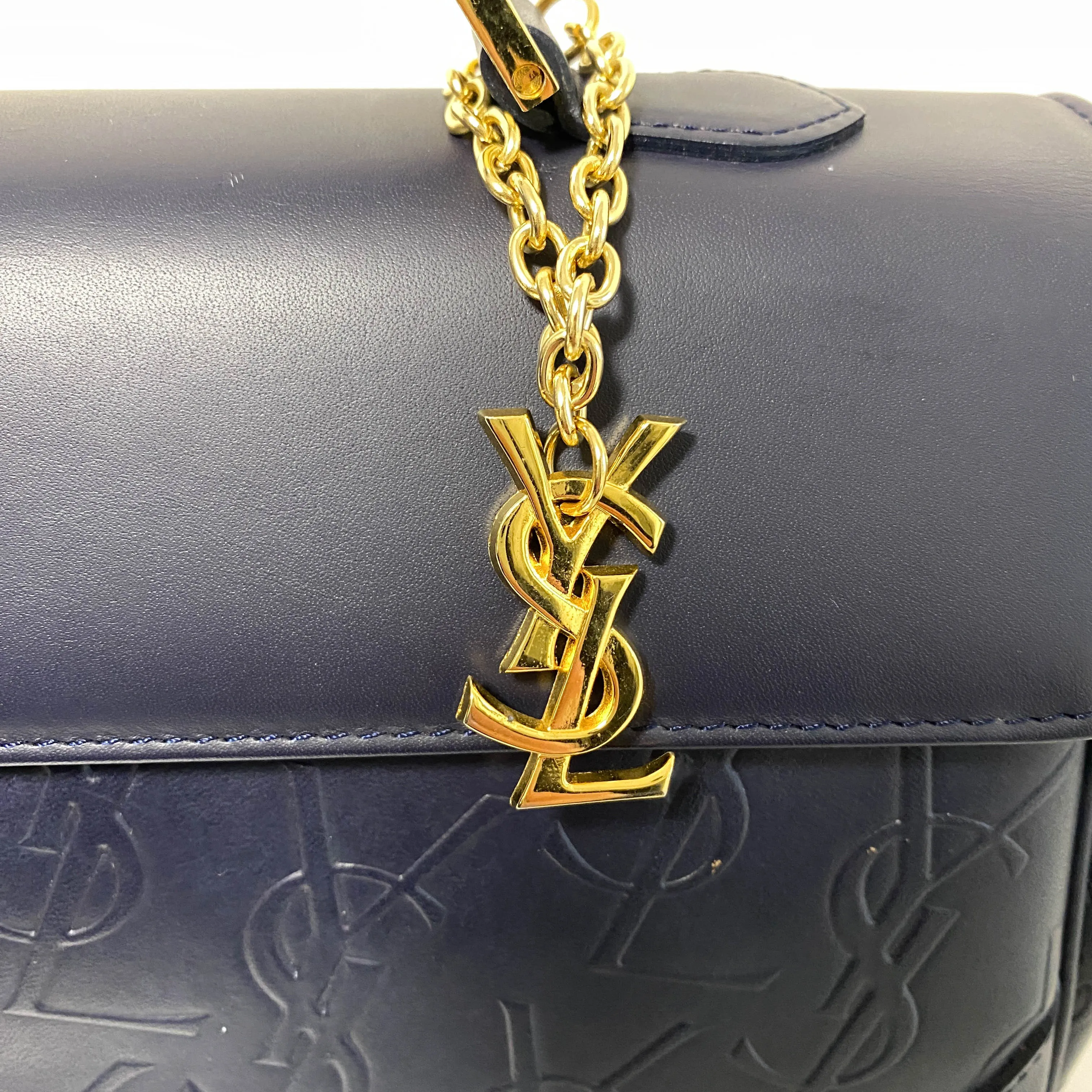 YSL Logo Embossed Leather Navy Horizontal Handbag