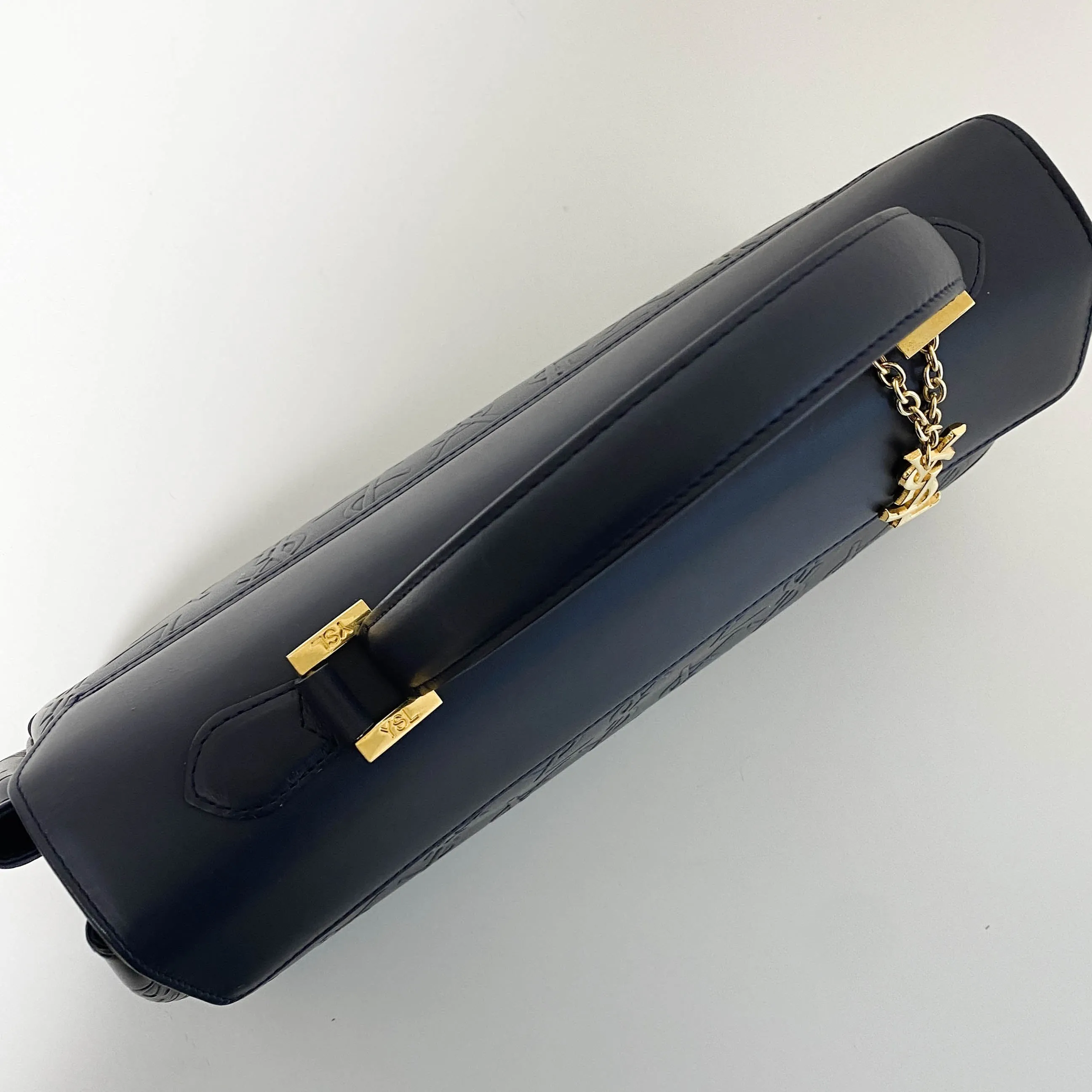 YSL Logo Embossed Leather Navy Horizontal Handbag