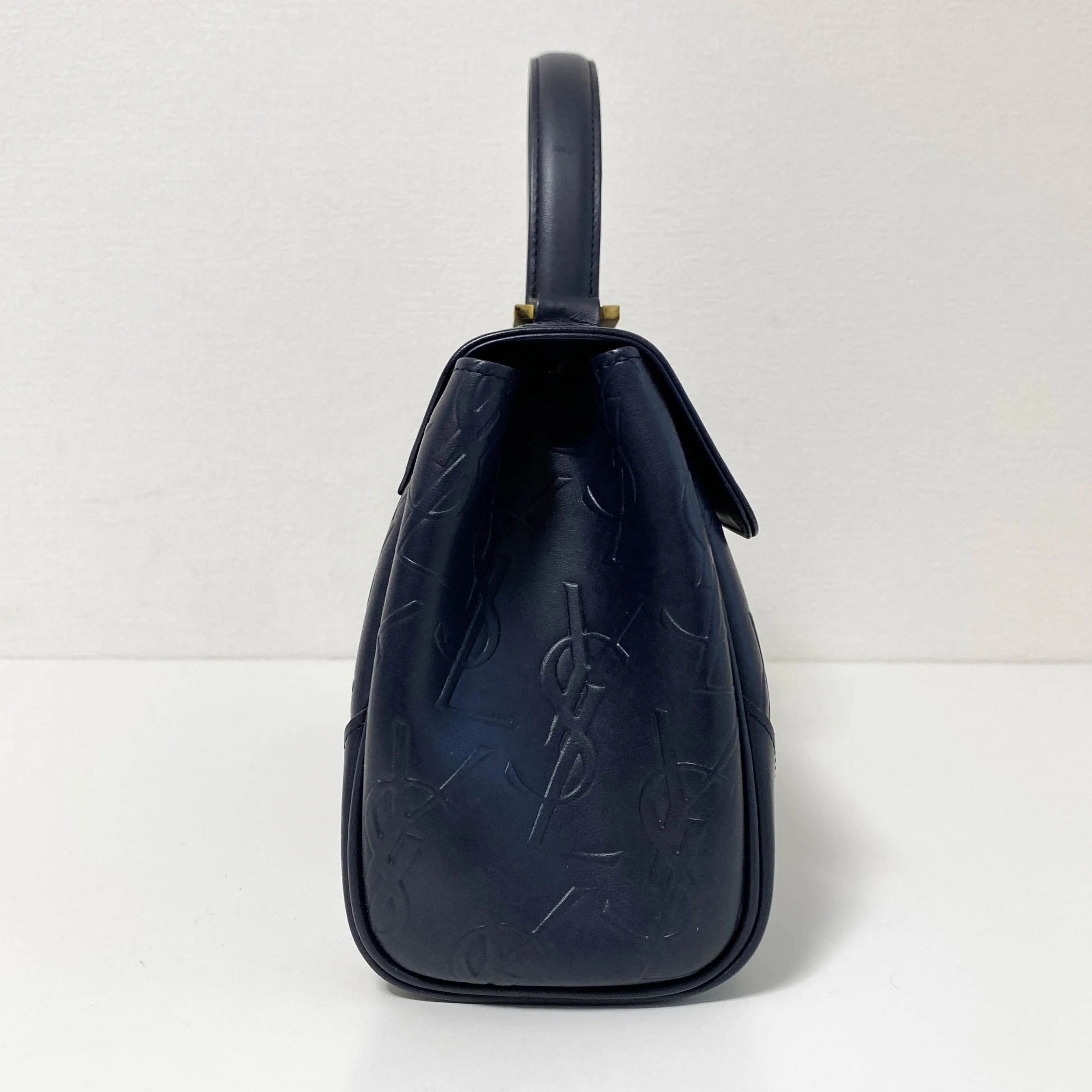 YSL Logo Embossed Leather Navy Horizontal Handbag