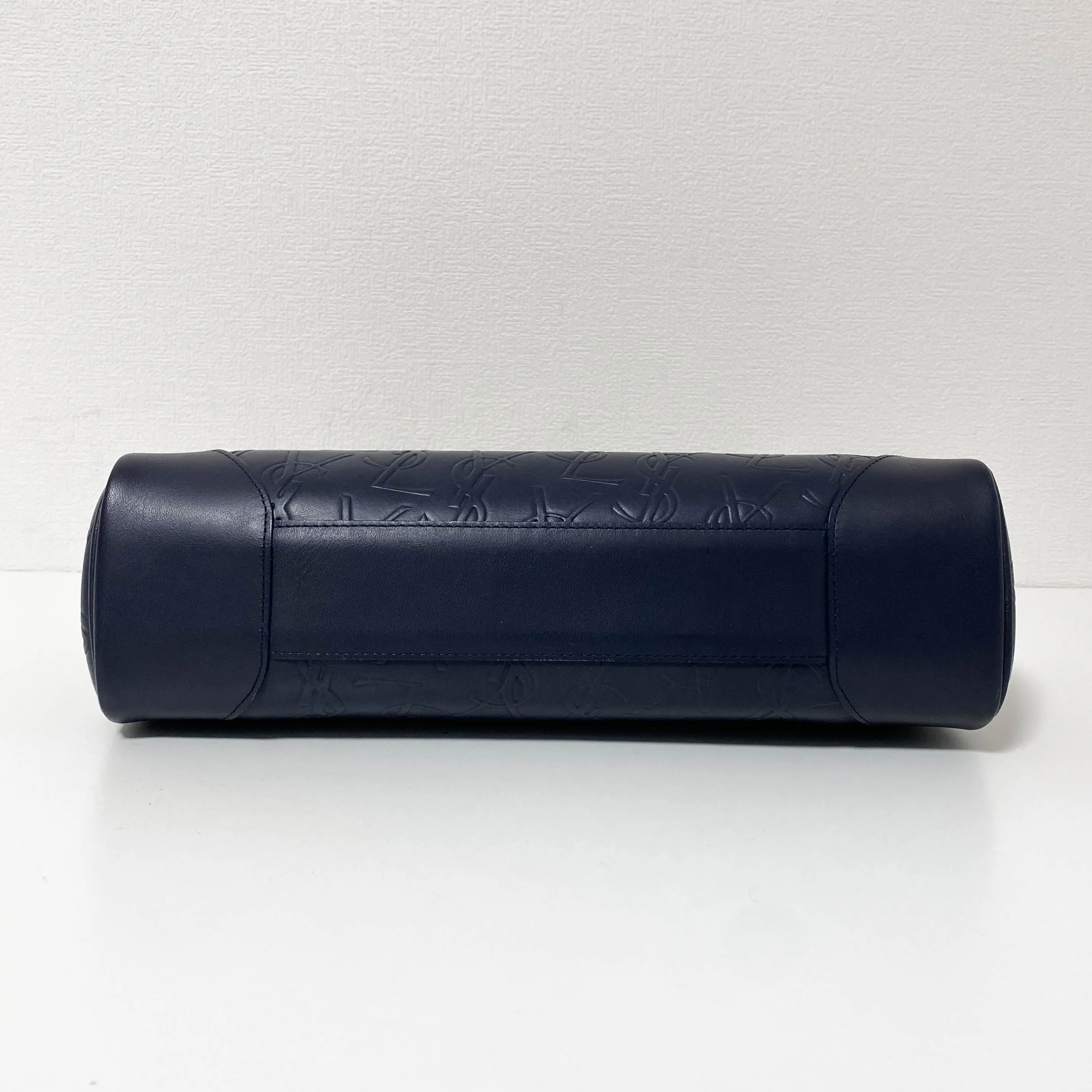 YSL Logo Embossed Leather Navy Horizontal Handbag
