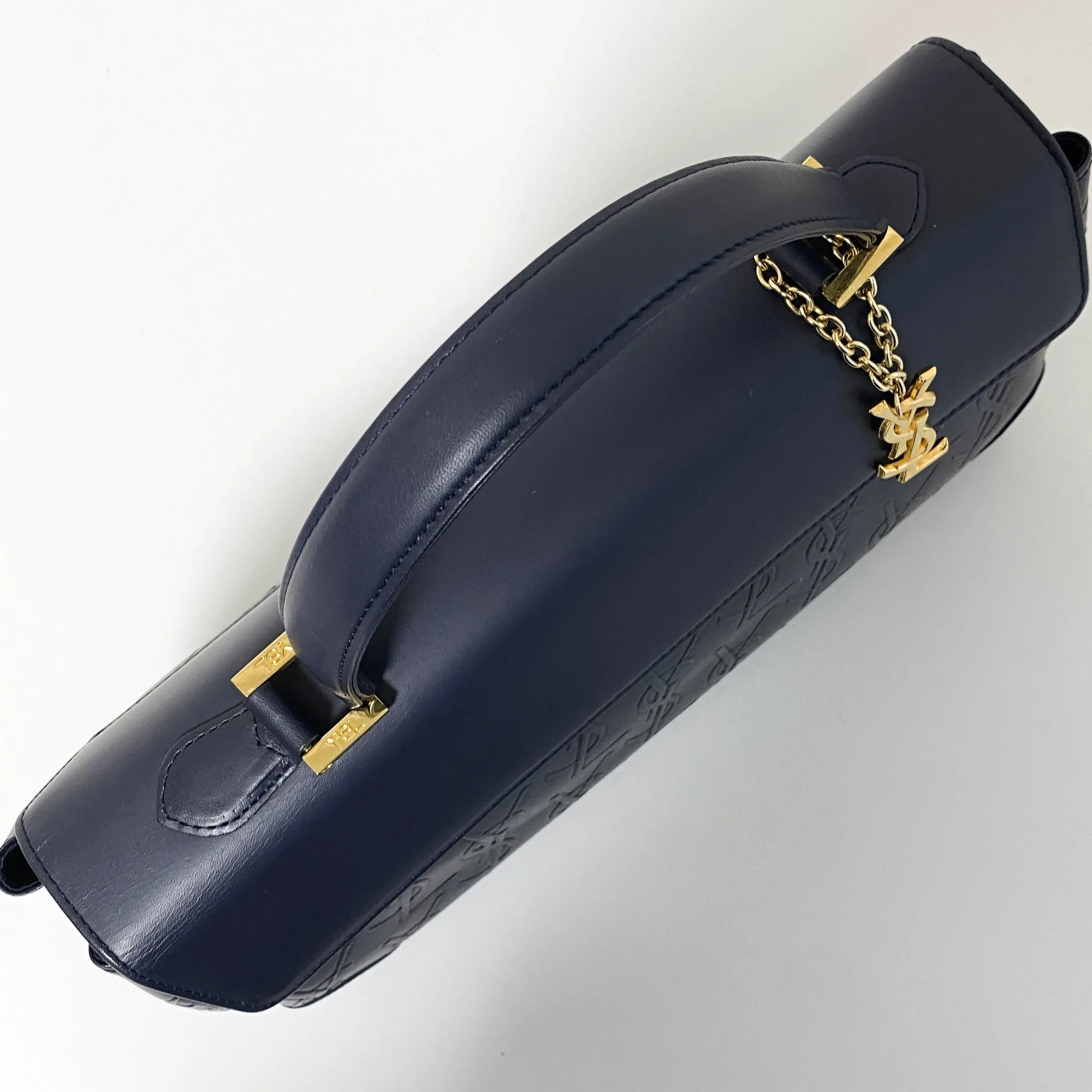YSL Logo Embossed Leather Navy Horizontal Handbag